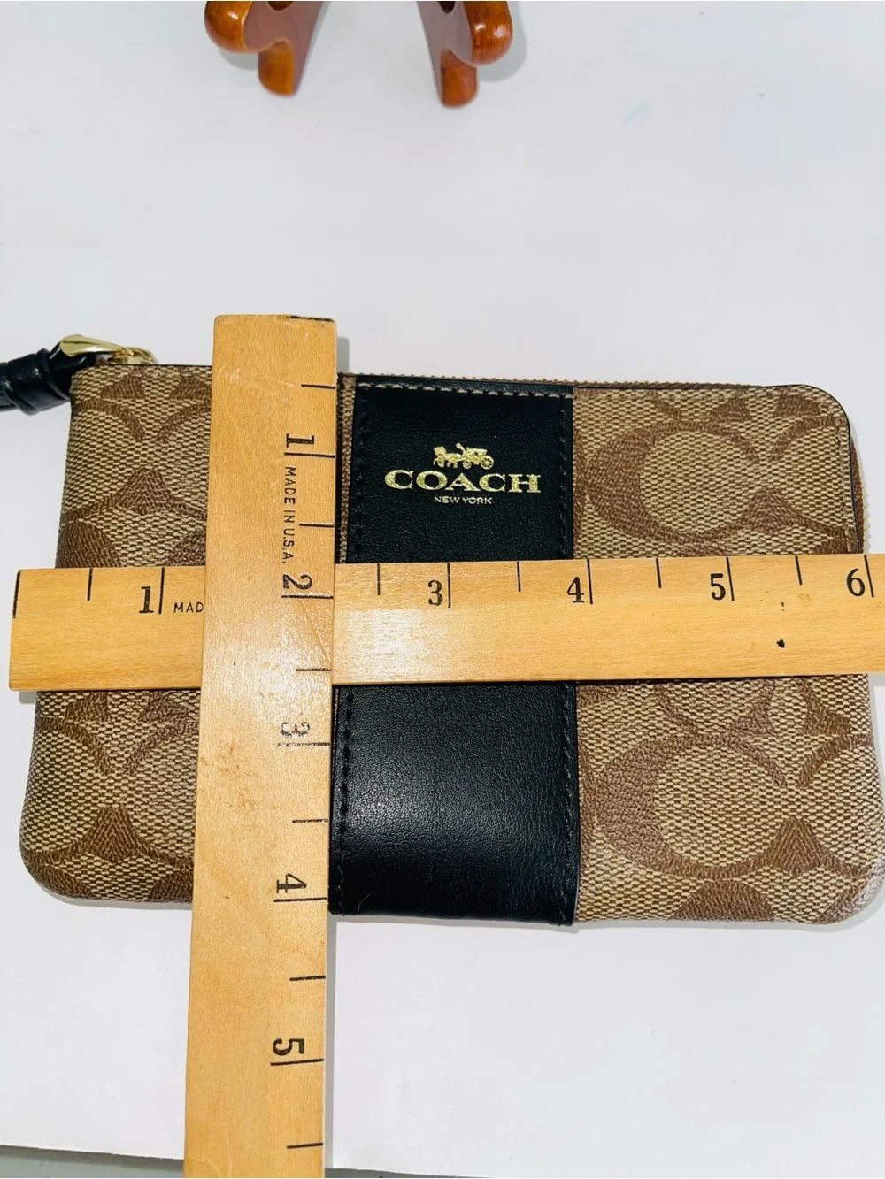 Coach Corner Zip Wristlet Signature Canvas Leather Stripe Khaki Black Gold - Picture 6 of 6